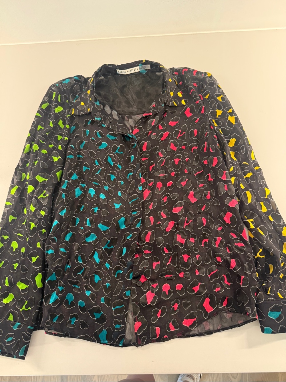 Alice + Olivia Willa sheer blouse multicolored abstract leopard print silk blend